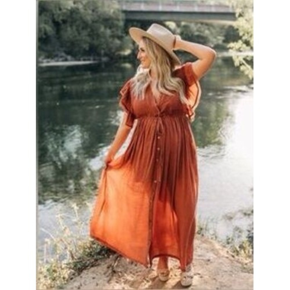 Flawless Maxi Dress Plunging V-Neck Ruffle Sleeve Boho Women Large Rust Brown - Picture 2 of 16